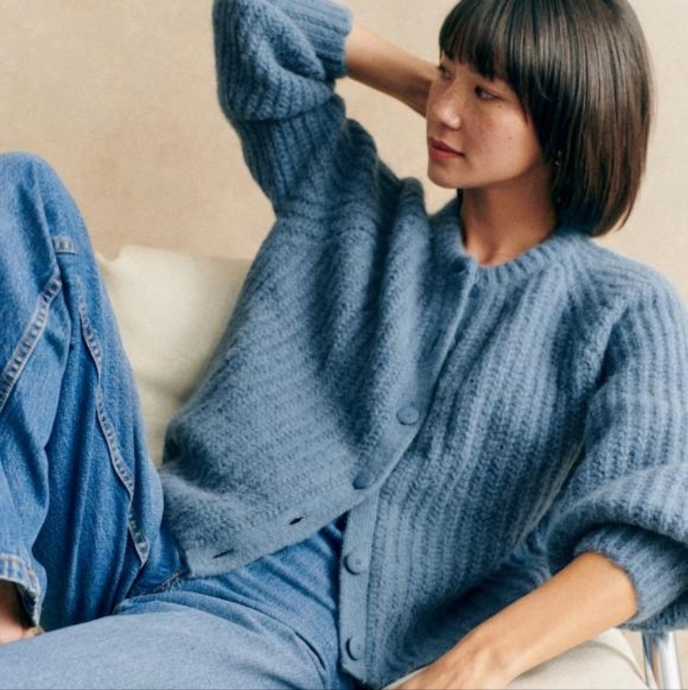 Sezane Chunky Light Blue Button-Front Cardigan - Picture 4 of 5